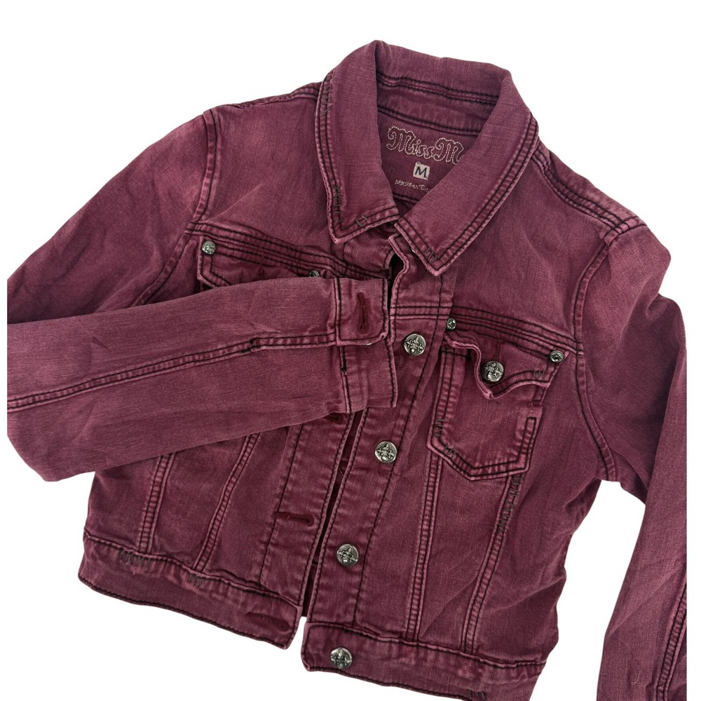 Miss Me Cabernet Burgundy Embellished Cross Denim Cropped Jacket Med Western